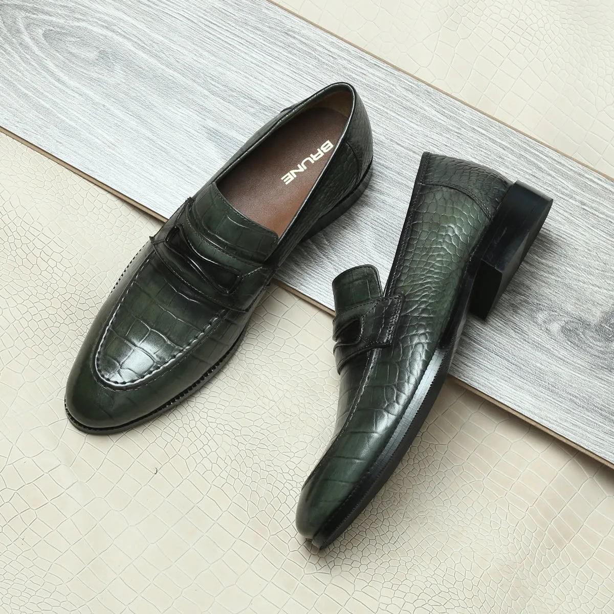 Green Penny Loafers in Deep Cut Leather