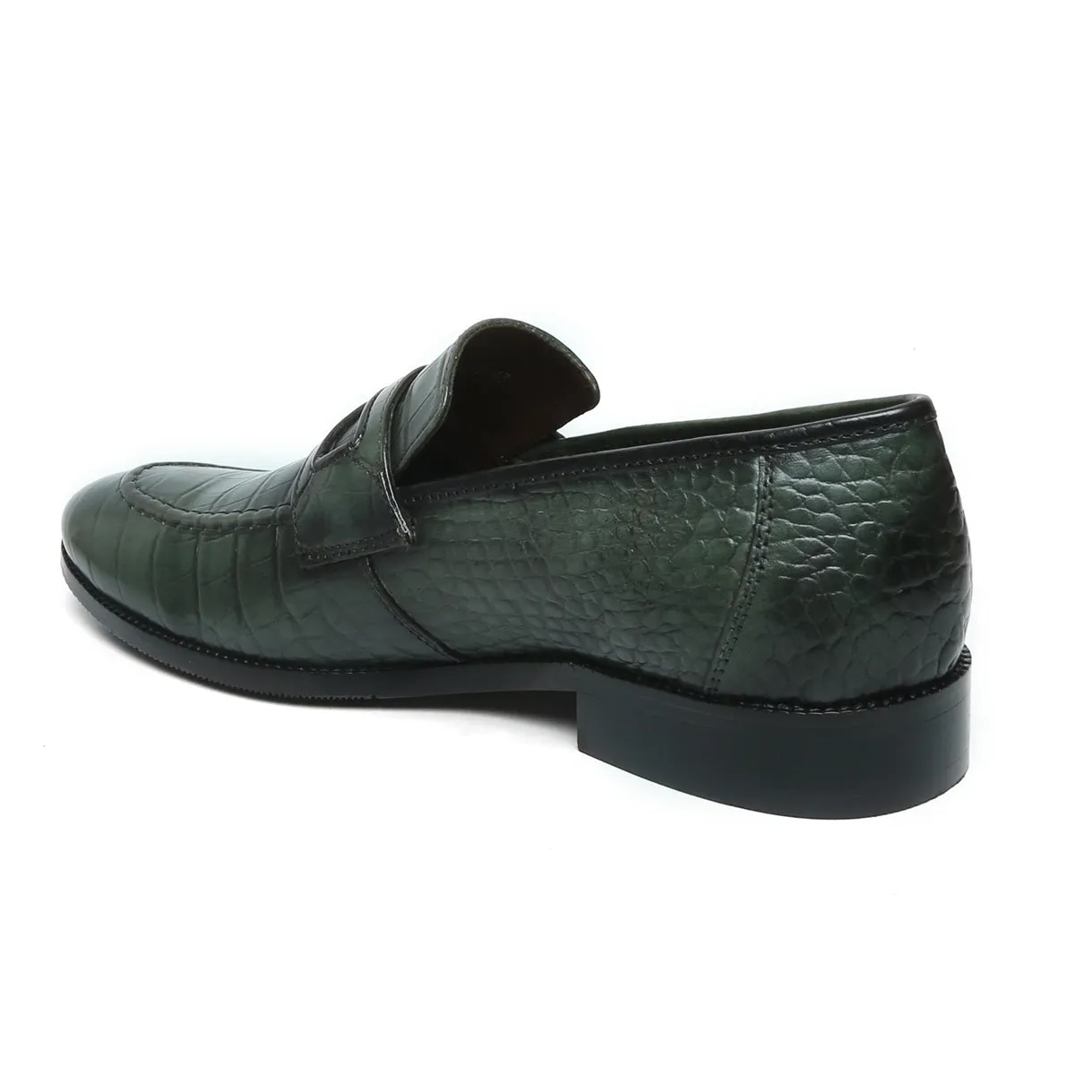 Green Penny Loafers in Deep Cut Leather