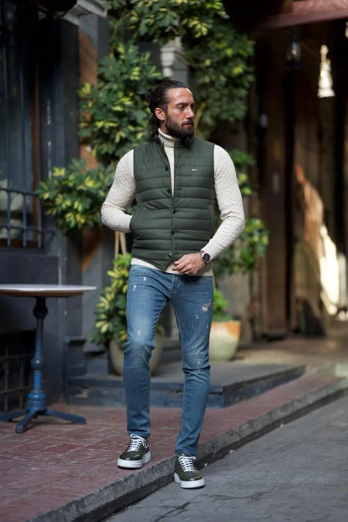 Green Slim Fit Puffer Vest for Men by GentWith.com