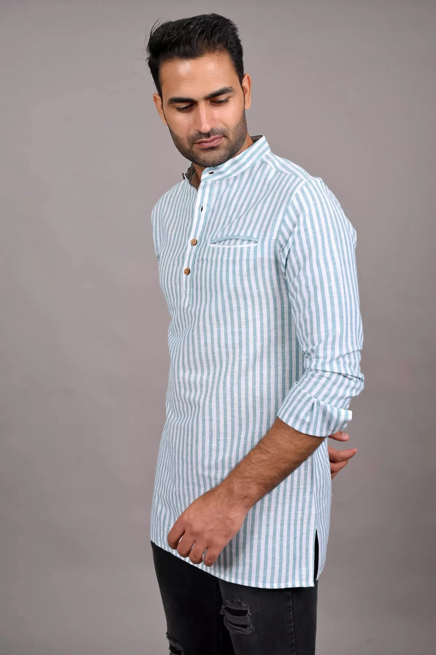 Green Striped Short Kurta