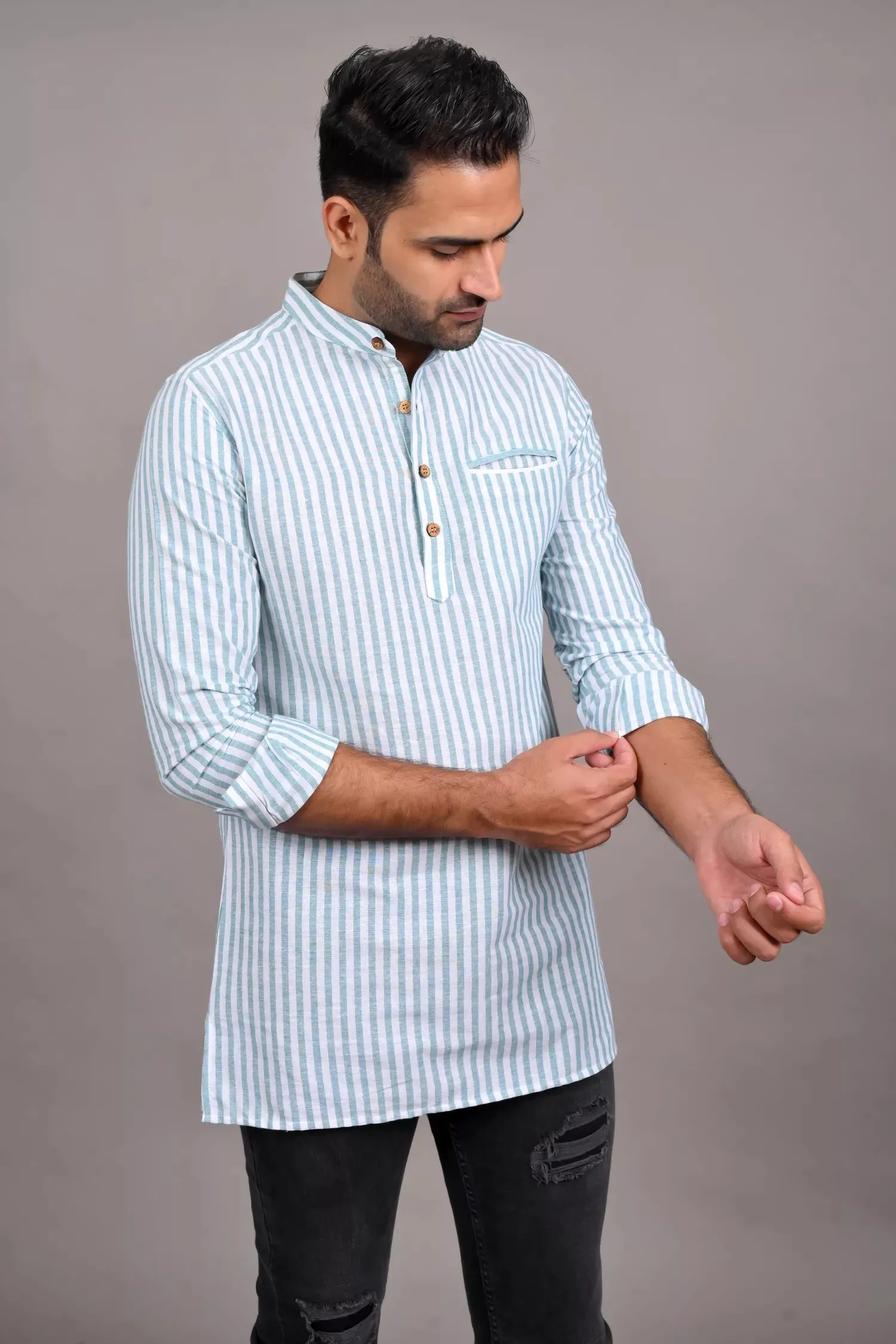 Green Striped Short Kurta