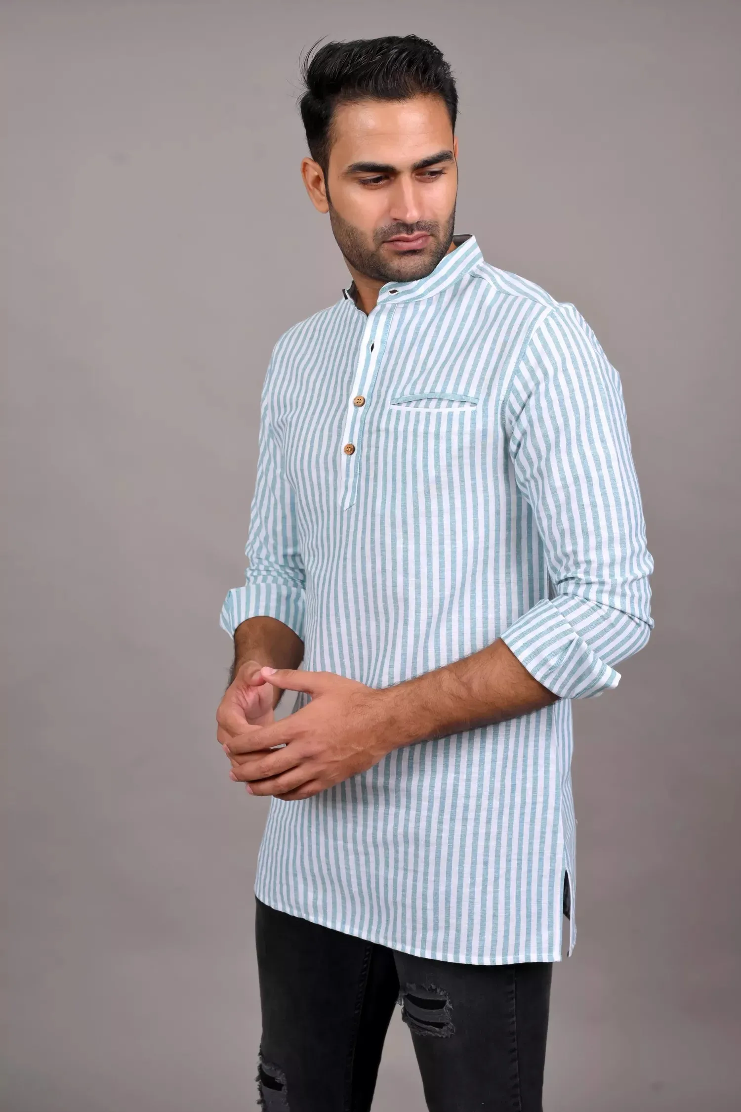 Green Striped Short Kurta