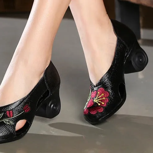 Handmade Embroidery Women High Heel Shoes Hollow out Leather Shoes