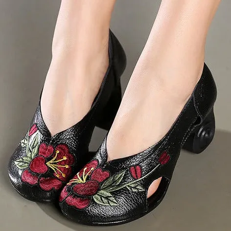 Handmade Embroidery Women High Heel Shoes Hollow out Leather Shoes