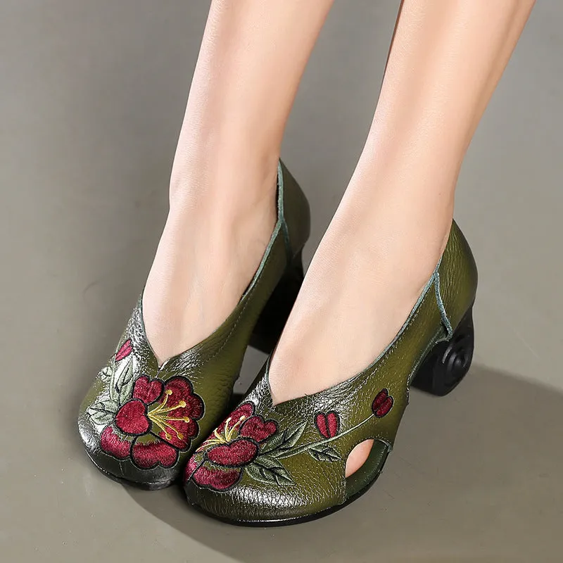 Handmade Embroidery Women High Heel Shoes Hollow out Leather Shoes