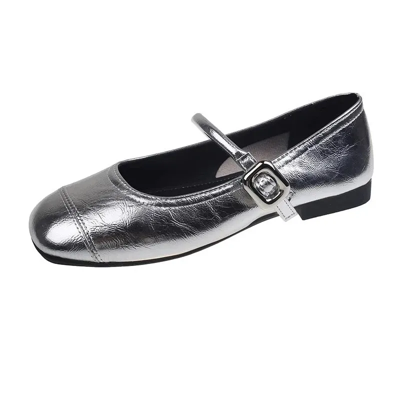 Hnzxzm 2024 Silvery Women Ballte Flats Shoes Fashion Elegant Square Toe Buckle Shoes Ladies Outdoor Dress Flats Ballerina Shoes