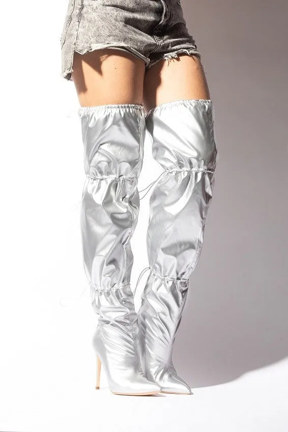 JOGGING/2024 Silver Metallic Over the Knee Thigh High Drawstring Boot