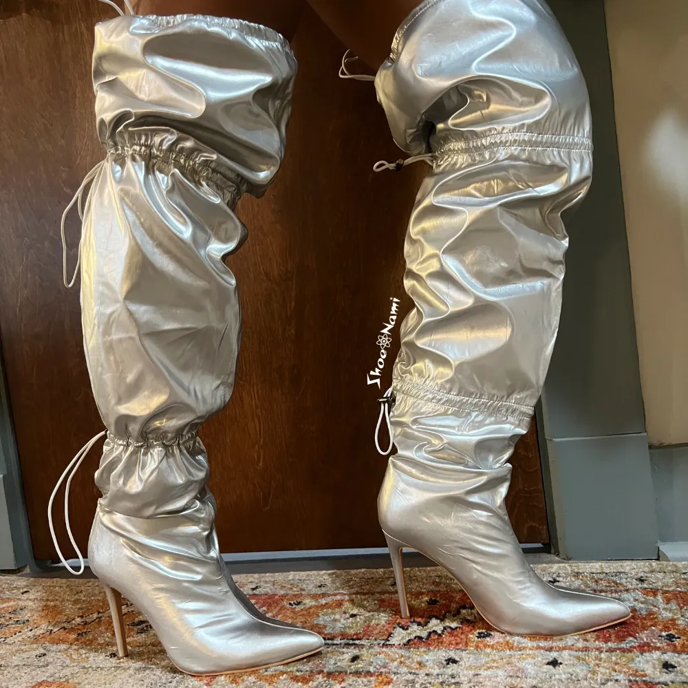 JOGGING/2024 Silver Metallic Over the Knee Thigh High Drawstring Boot