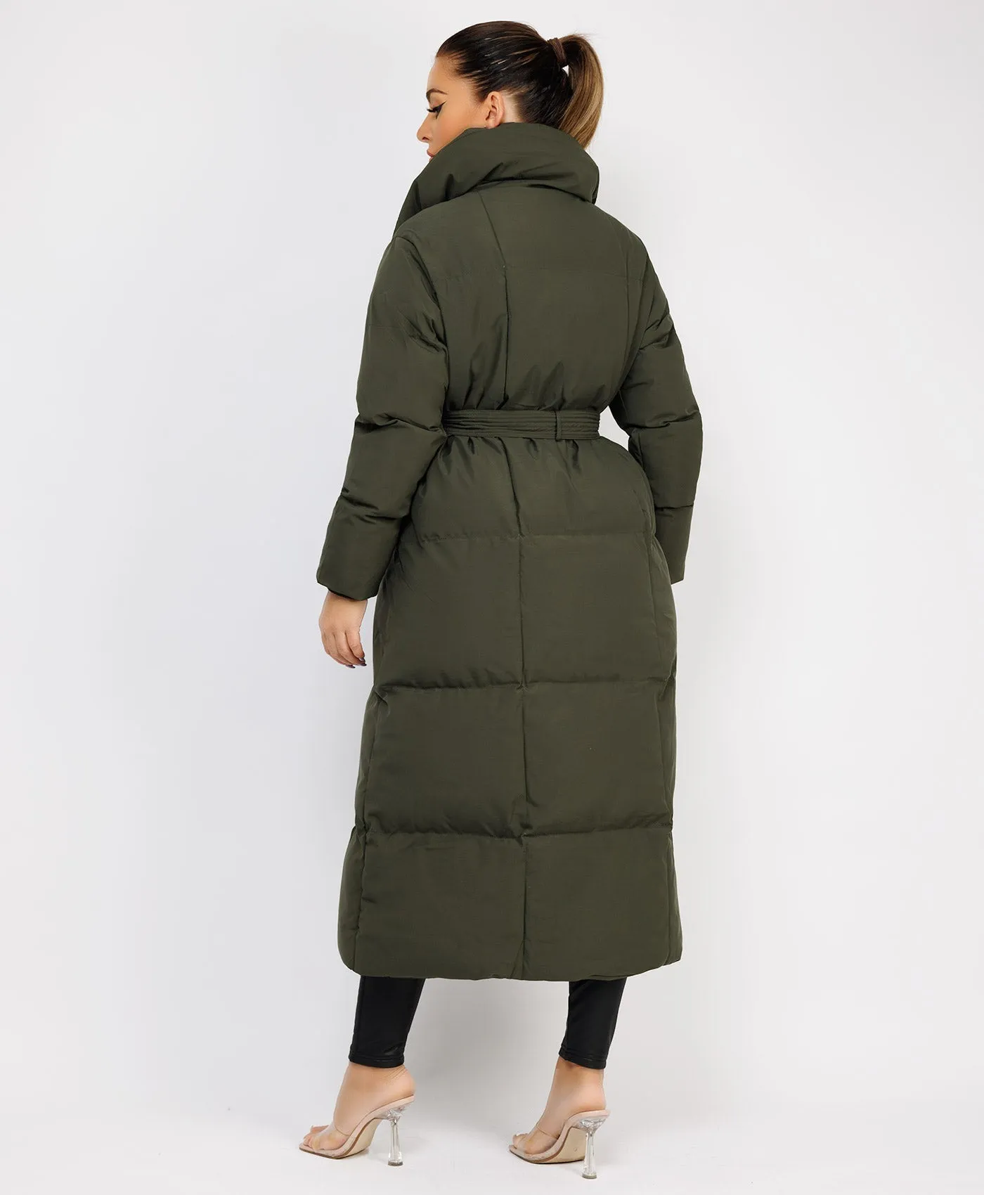 Khaki Longline Padded Puffer Tied Waist Duvet Coat