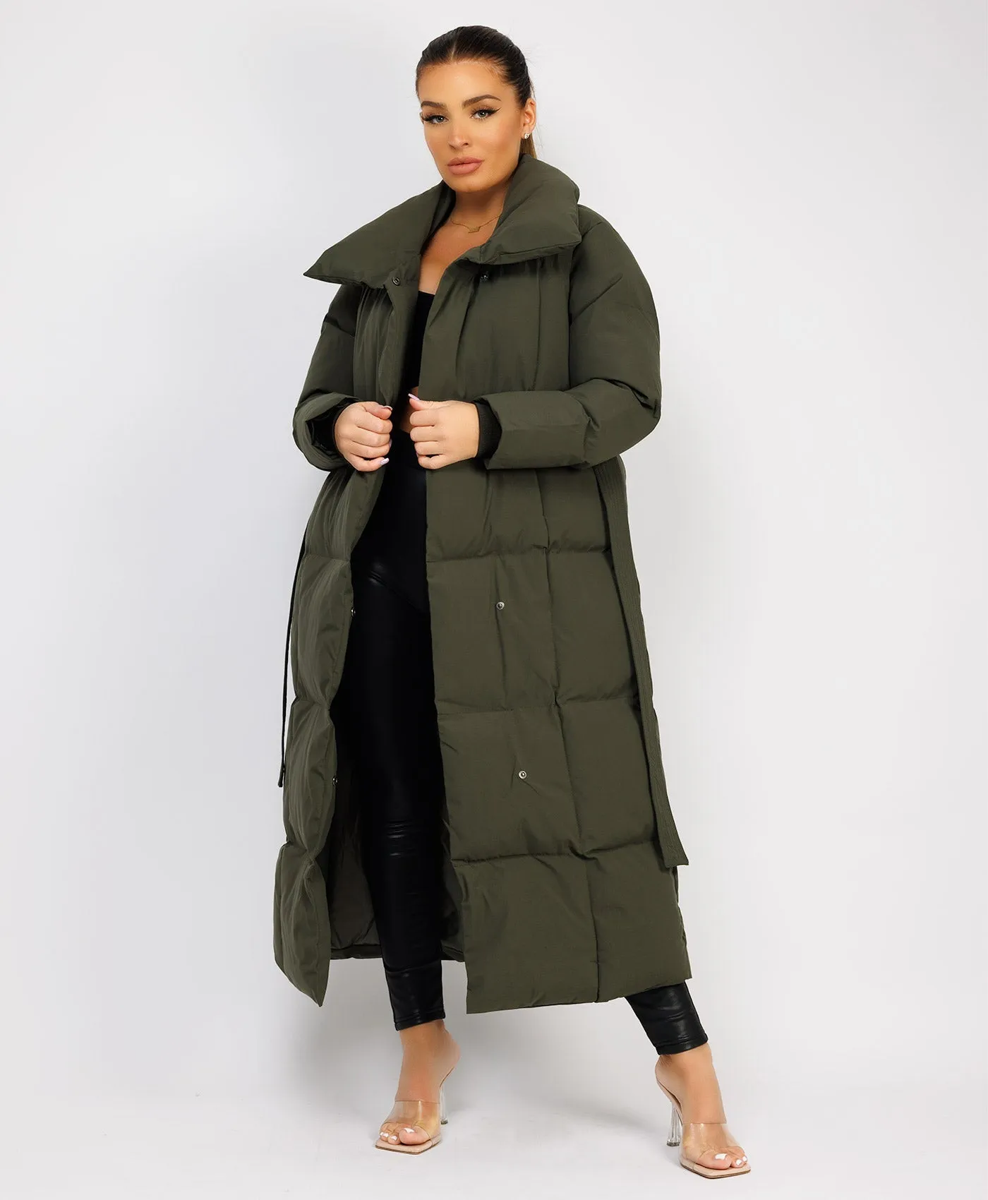 Khaki Longline Padded Puffer Tied Waist Duvet Coat