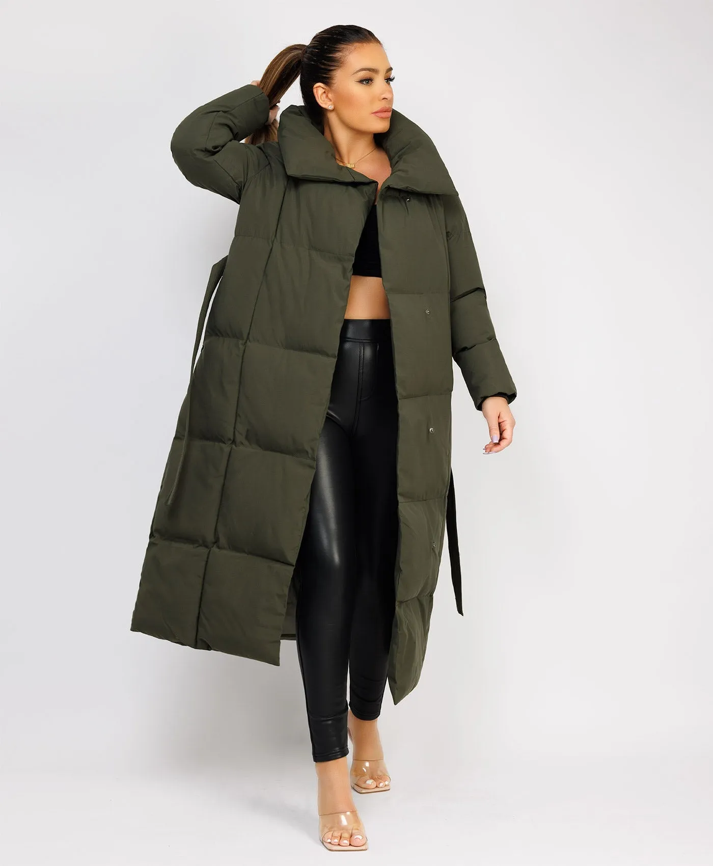 Khaki Longline Padded Puffer Tied Waist Duvet Coat