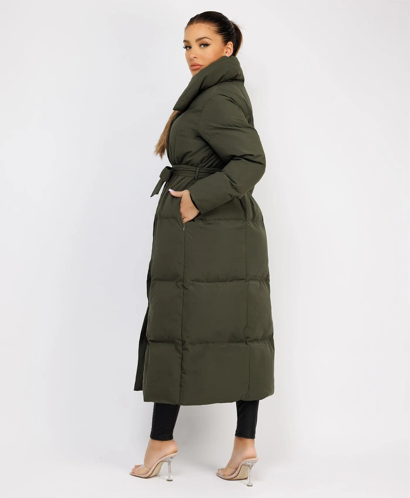 Khaki Longline Padded Puffer Tied Waist Duvet Coat