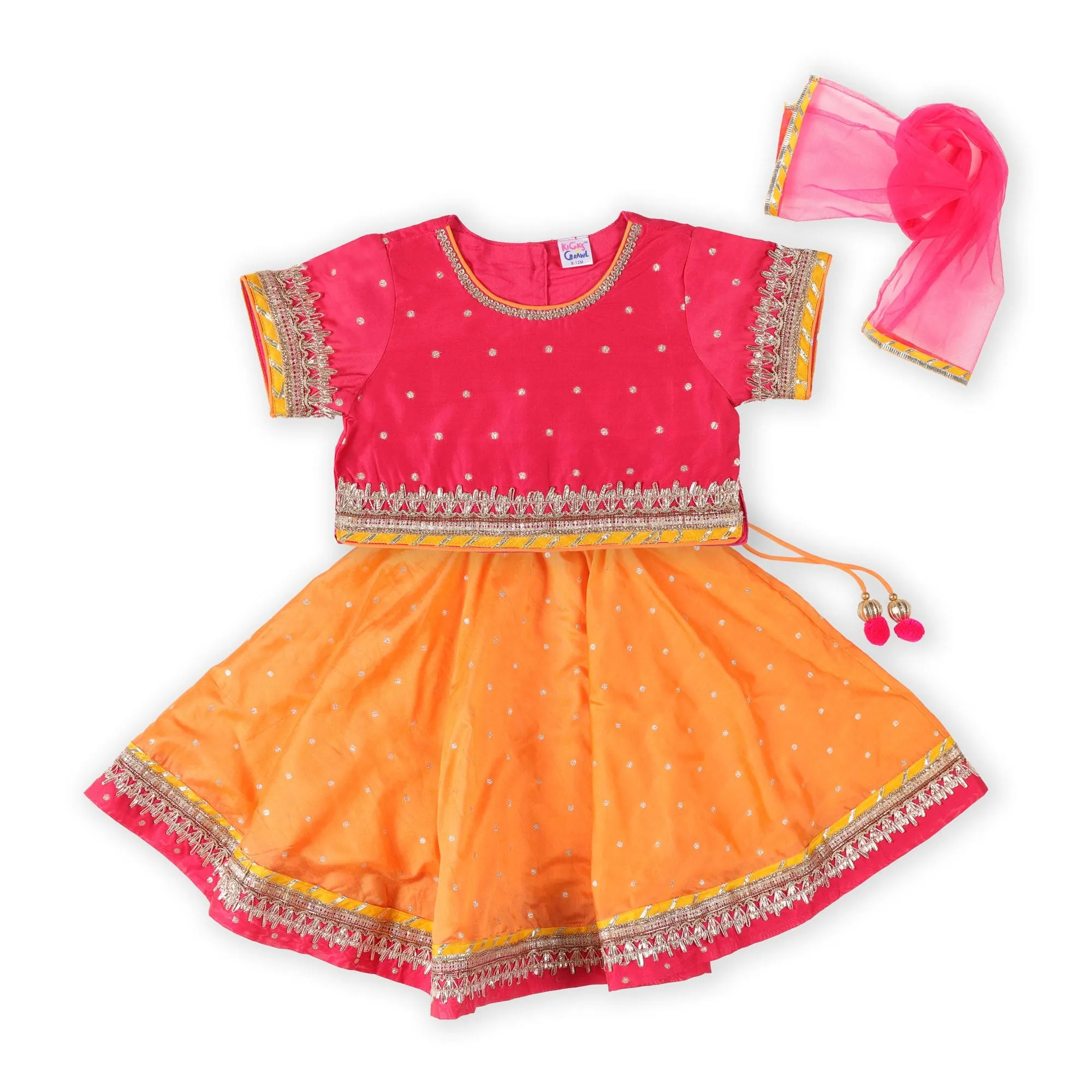 Kicks & Crawl Pink & Orange Lehenga, Blouse & Dupatta Set