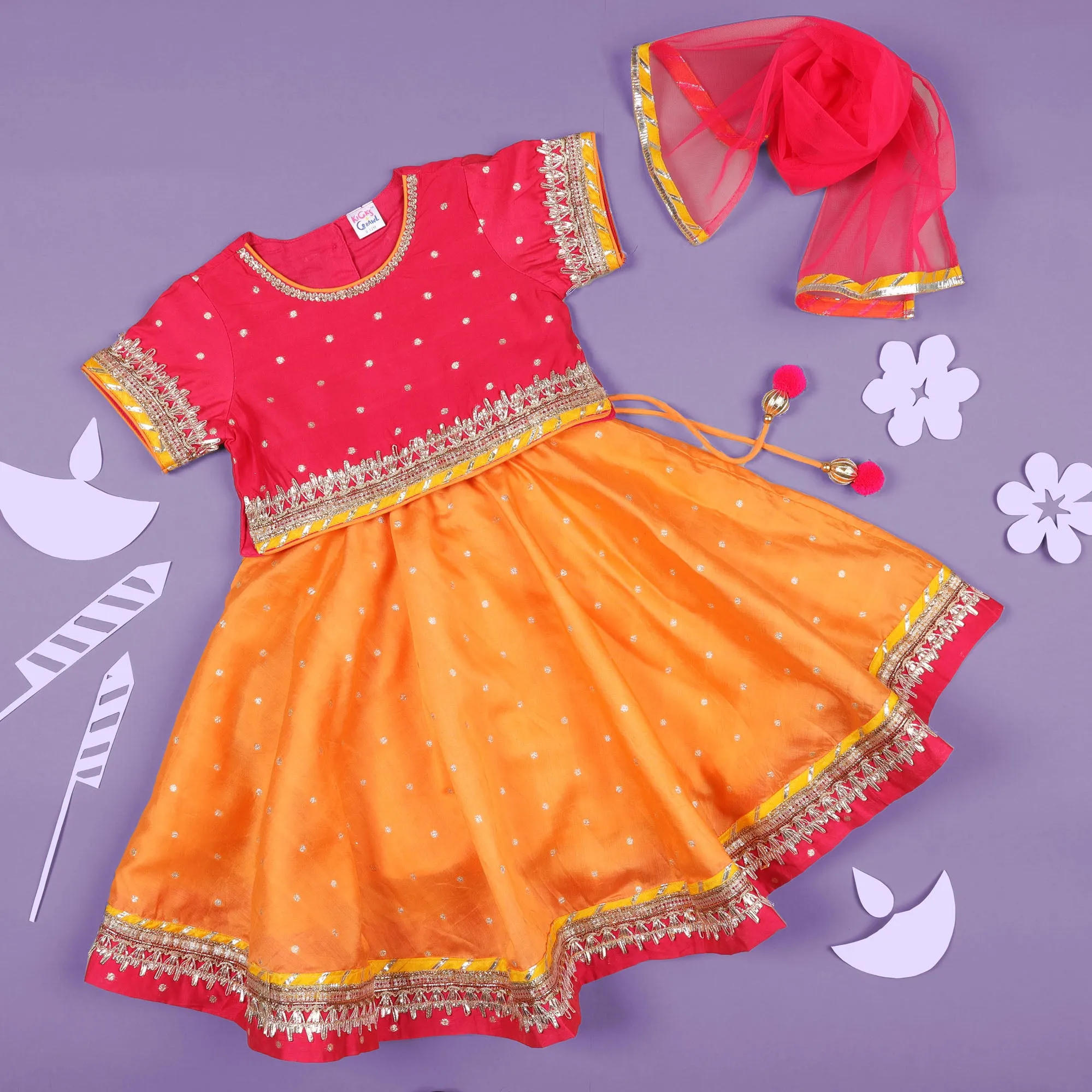 Kicks & Crawl Pink & Orange Lehenga, Blouse & Dupatta Set