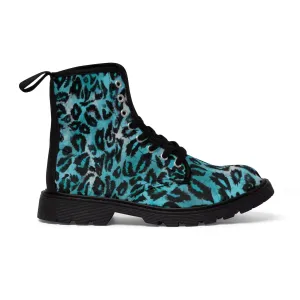 Light Blue Leopard Men's Boots, Best Animal Print Winter Boots Laced Up Shoes For Men