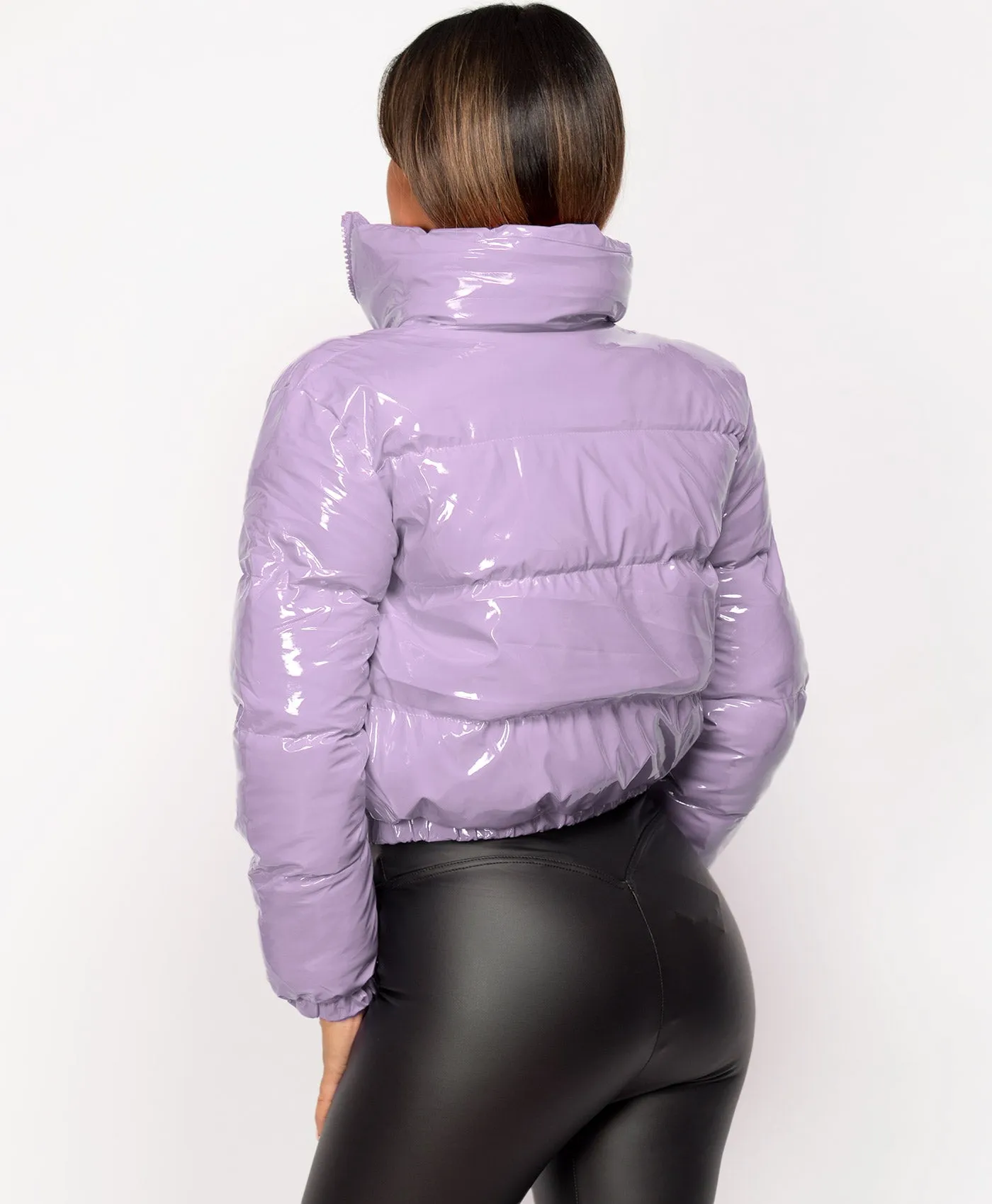 Lilac High Shine PU Vinyl Cropped Puffer Jacket