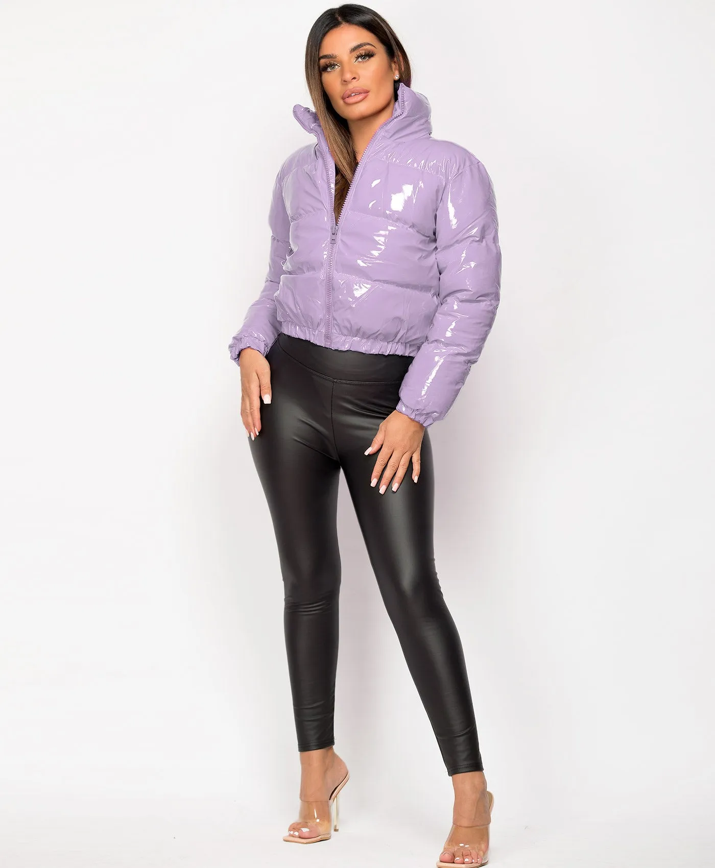 Lilac High Shine PU Vinyl Cropped Puffer Jacket