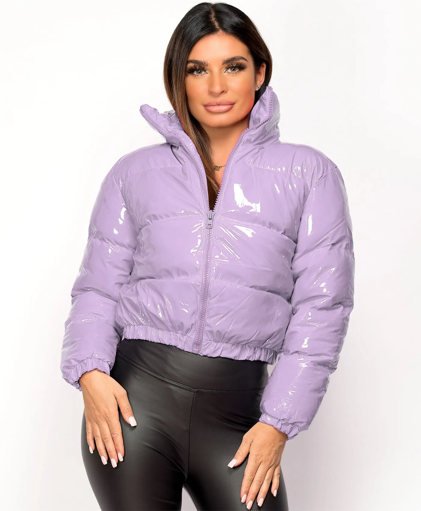 Lilac High Shine PU Vinyl Cropped Puffer Jacket