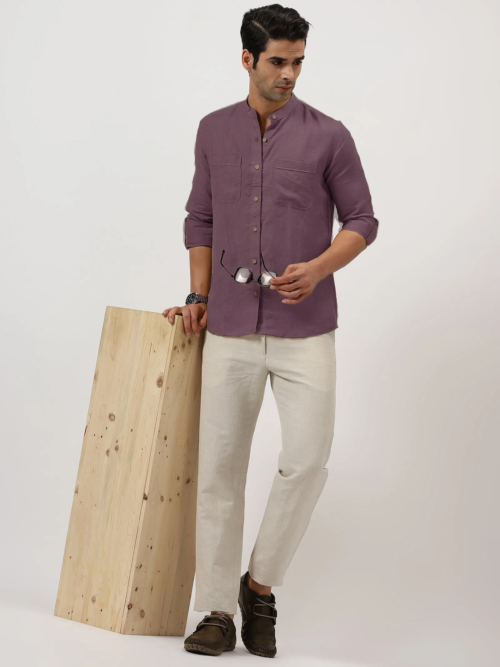 Luca - Pure Linen Double Pocket Full Sleeve Shirt - Berry Purple