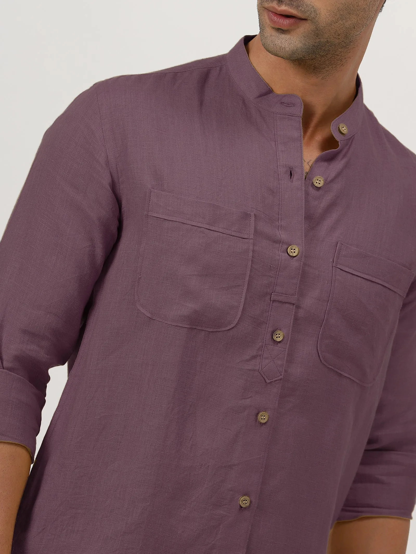 Luca - Pure Linen Double Pocket Full Sleeve Shirt - Berry Purple