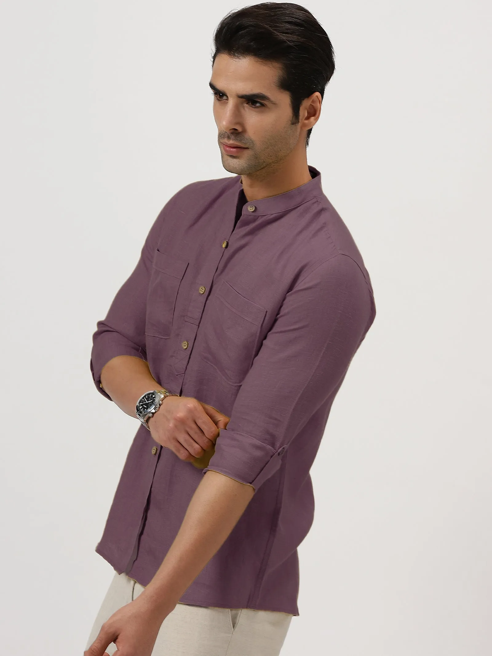 Luca - Pure Linen Double Pocket Full Sleeve Shirt - Berry Purple