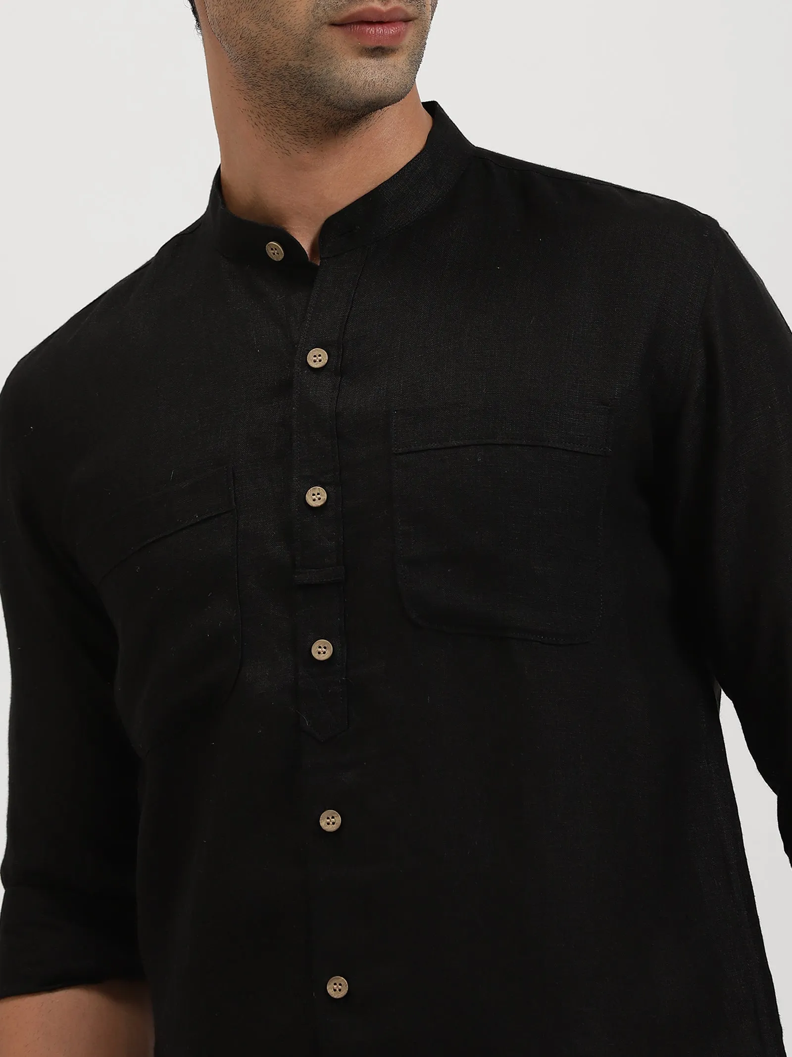 Luca - Pure Linen Double Pocket Full Sleeve Shirt - Black