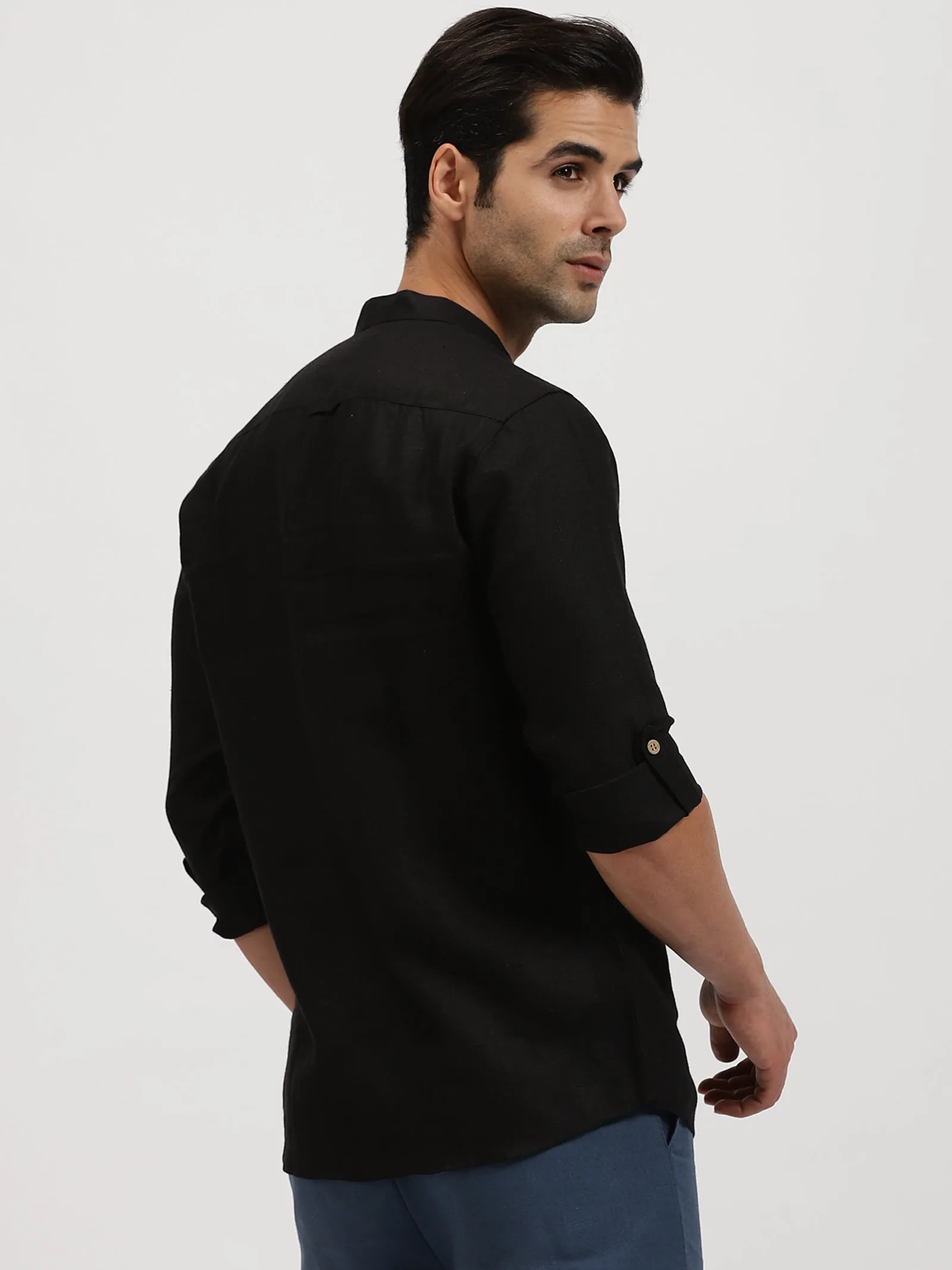 Luca - Pure Linen Double Pocket Full Sleeve Shirt - Black