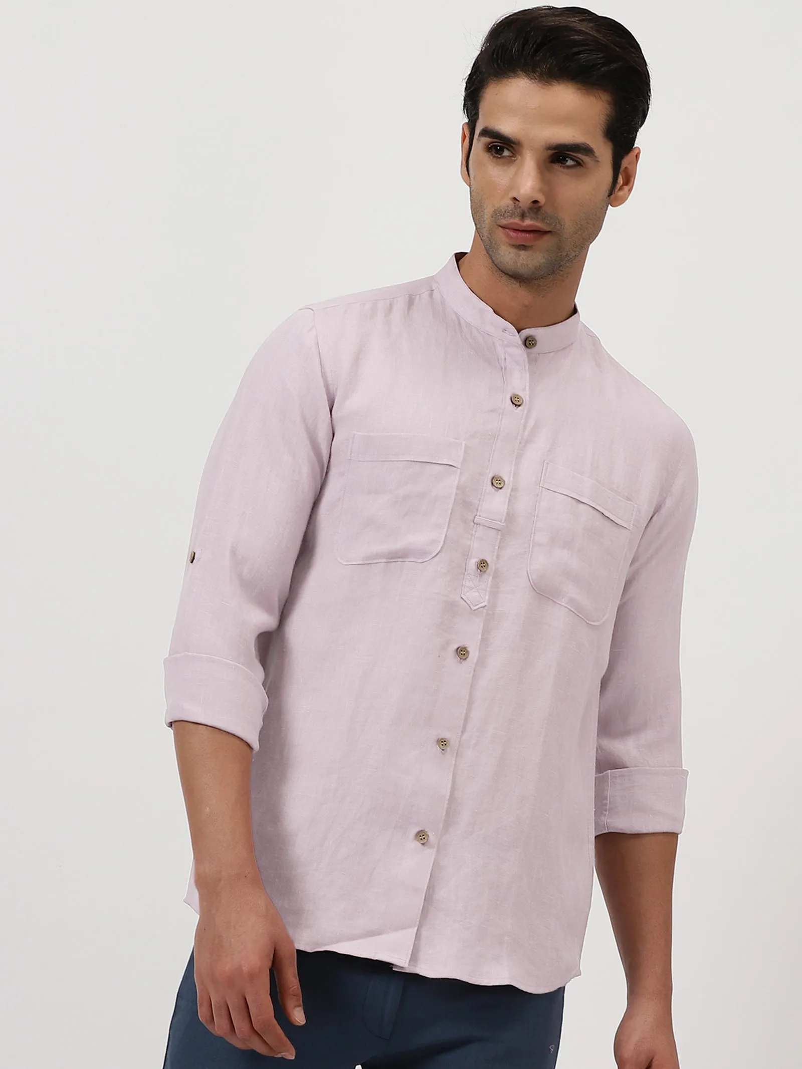 Luca - Pure Linen Double Pocket Full Sleeve Shirt - Light Lilac Pink