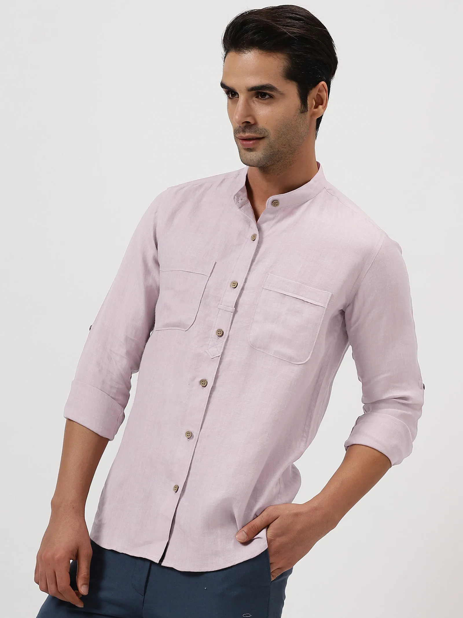 Luca - Pure Linen Double Pocket Full Sleeve Shirt - Light Lilac Pink