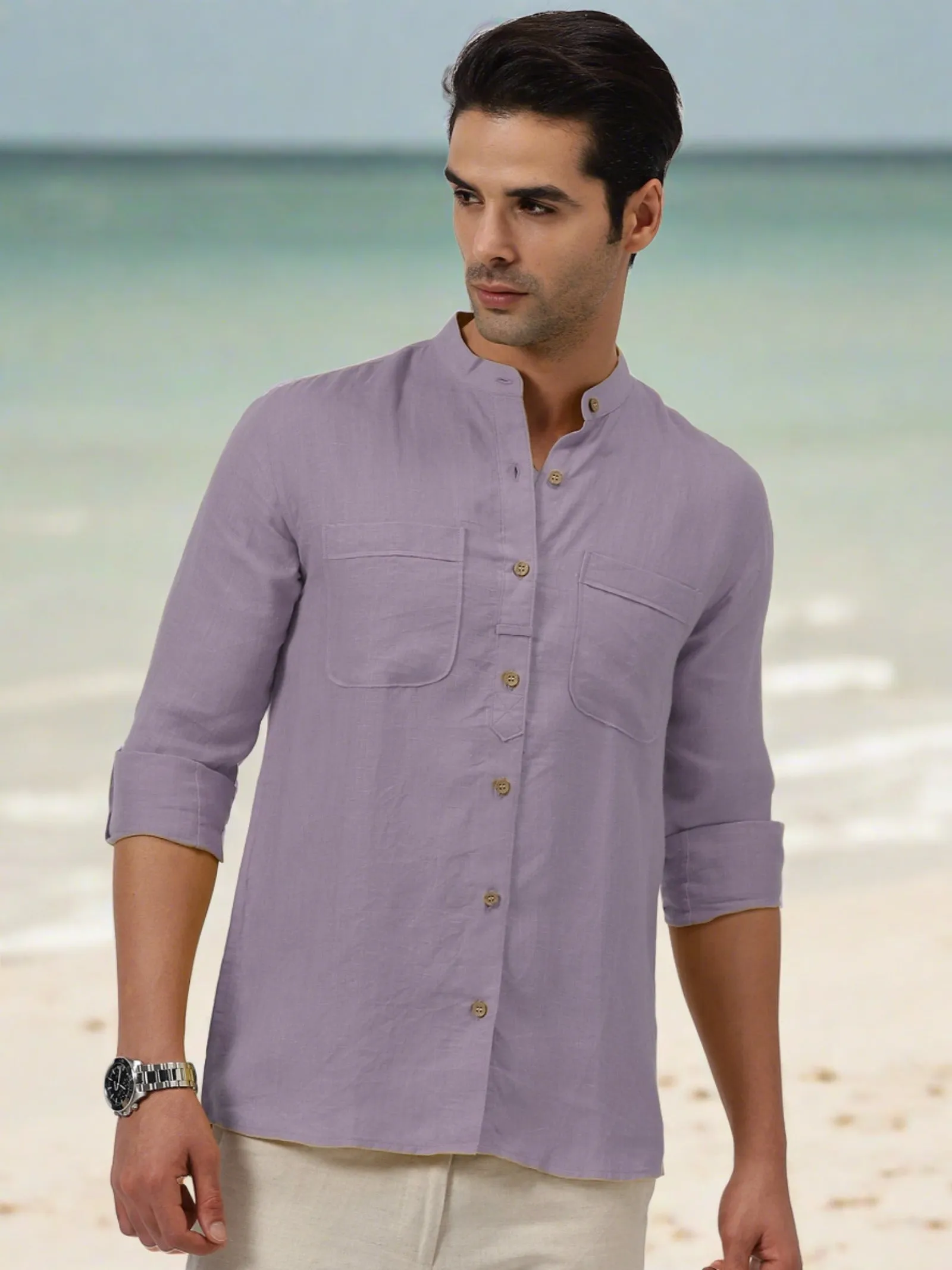 Luca - Pure Linen Double Pocket Full Sleeve Shirt - Misty Lilac