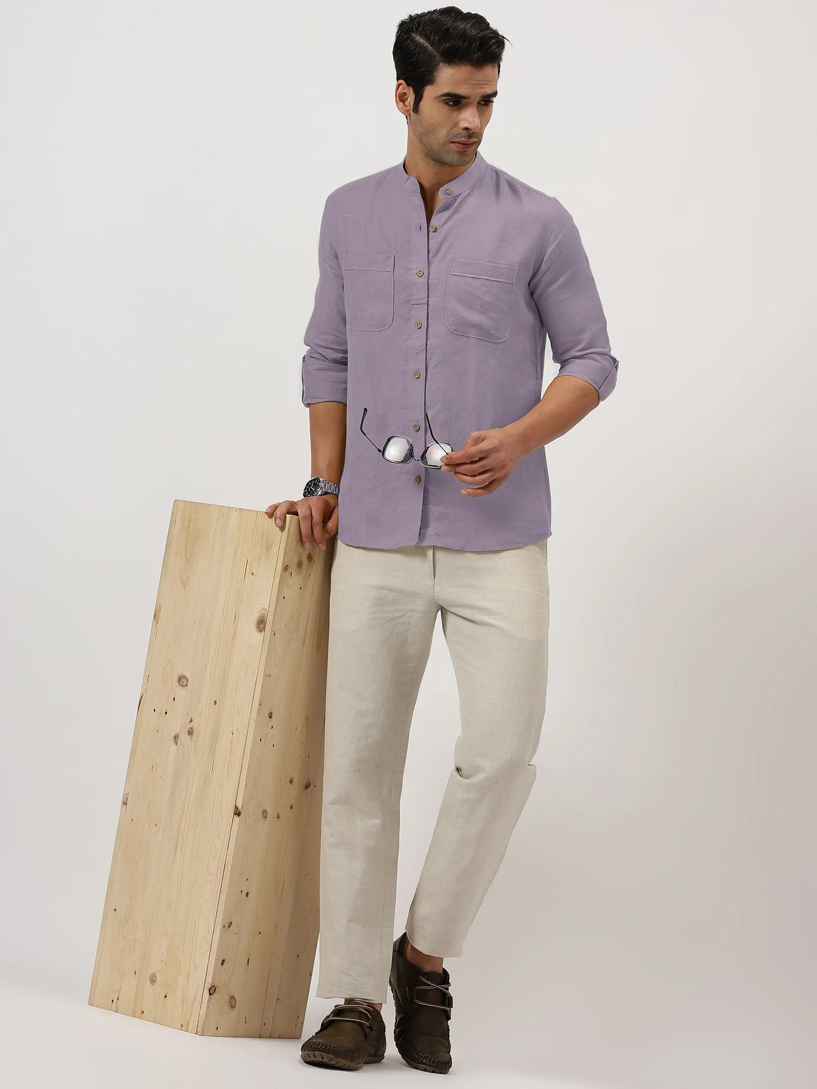 Luca - Pure Linen Double Pocket Full Sleeve Shirt - Misty Lilac