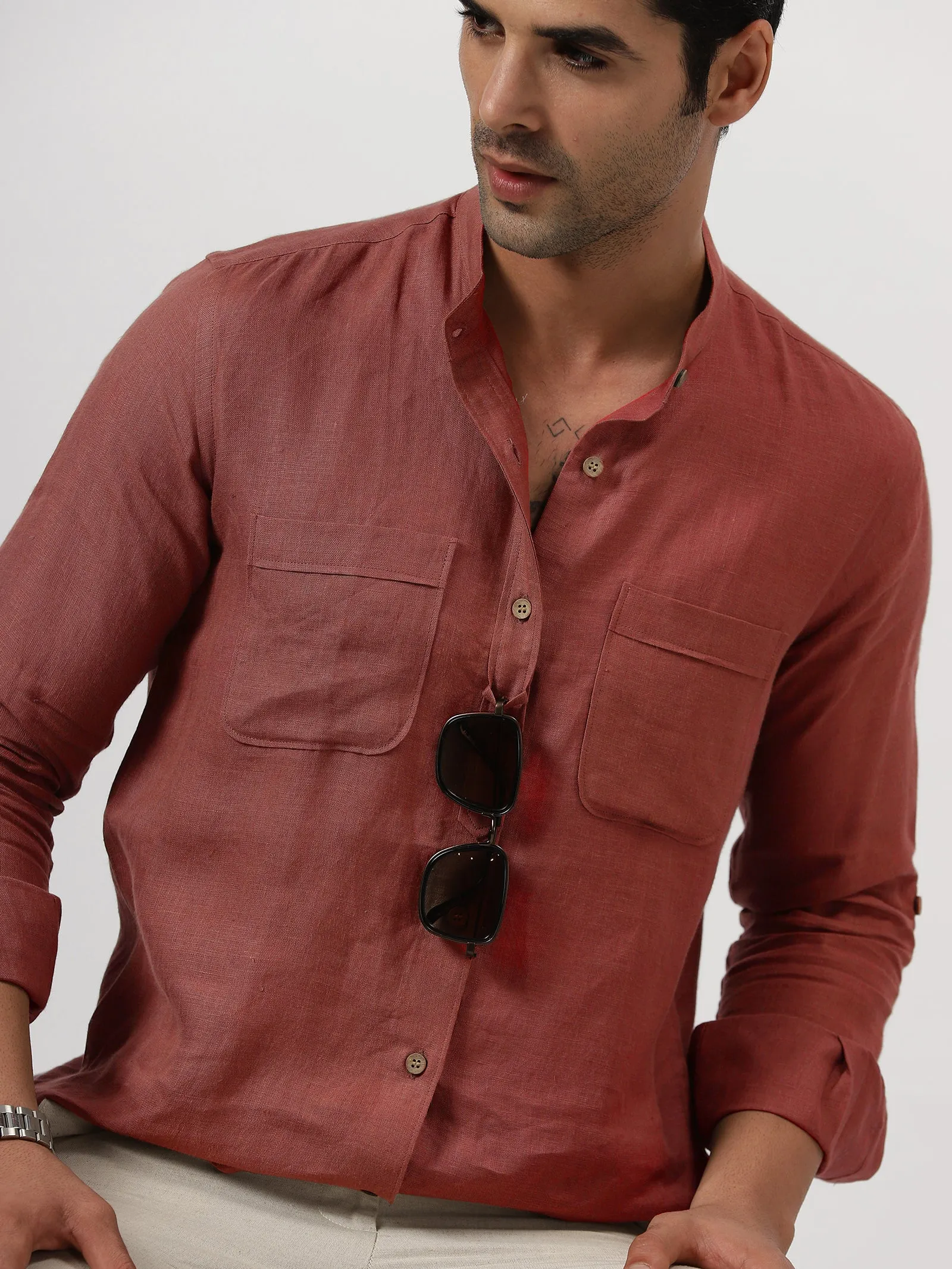 Luca - Pure Linen Double Pocket Full Sleeve Shirt - Terracotta Red