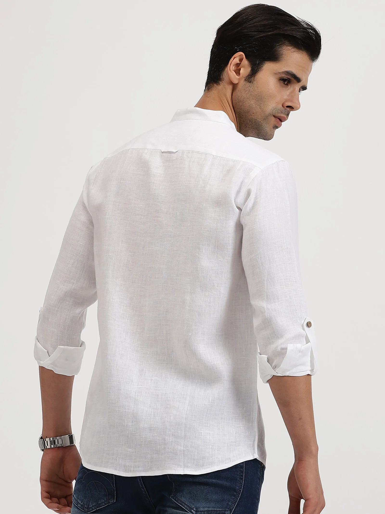 Luca - Pure Linen Double Pocket Full Sleeve Shirt - White