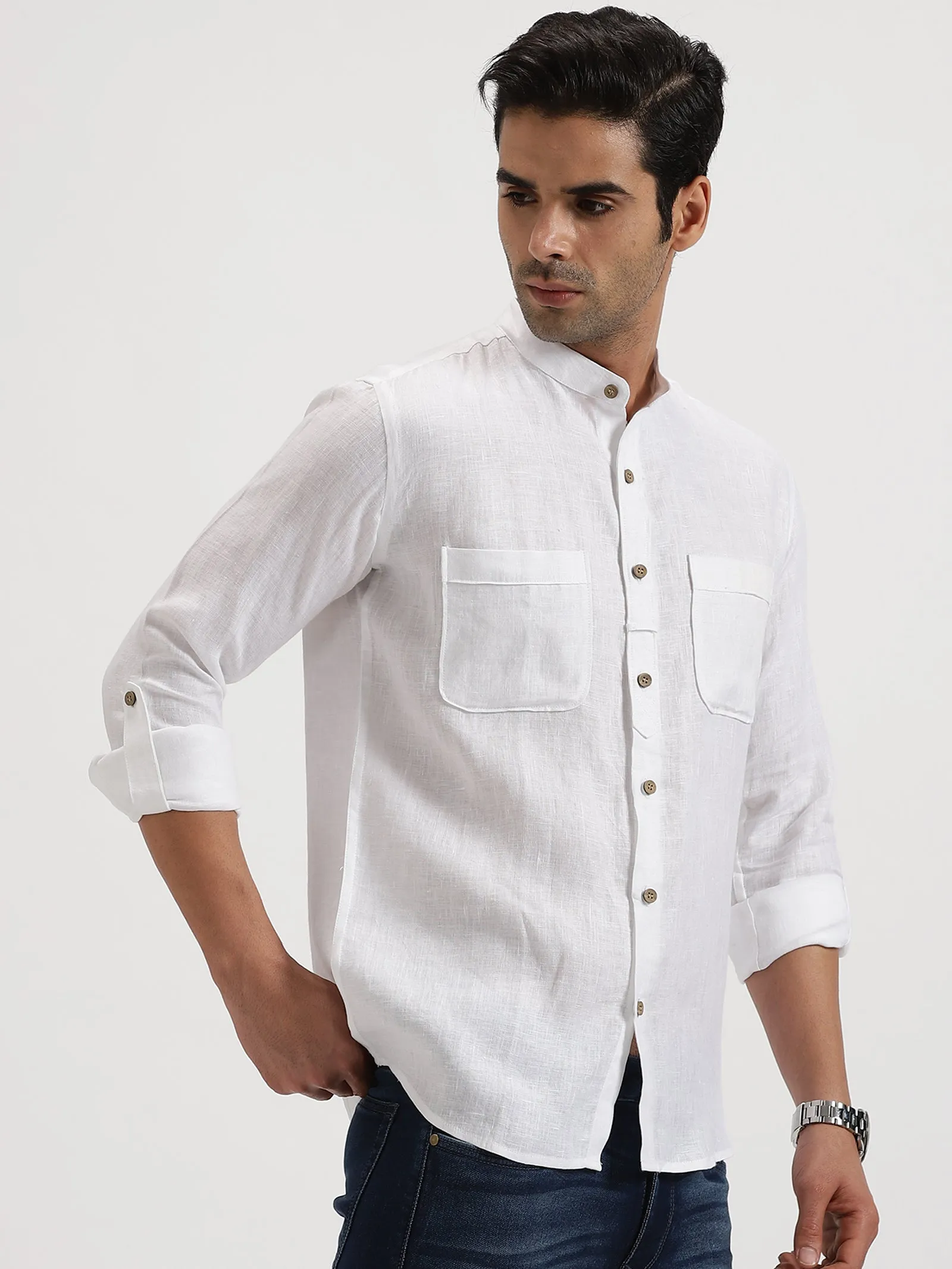 Luca - Pure Linen Double Pocket Full Sleeve Shirt - White