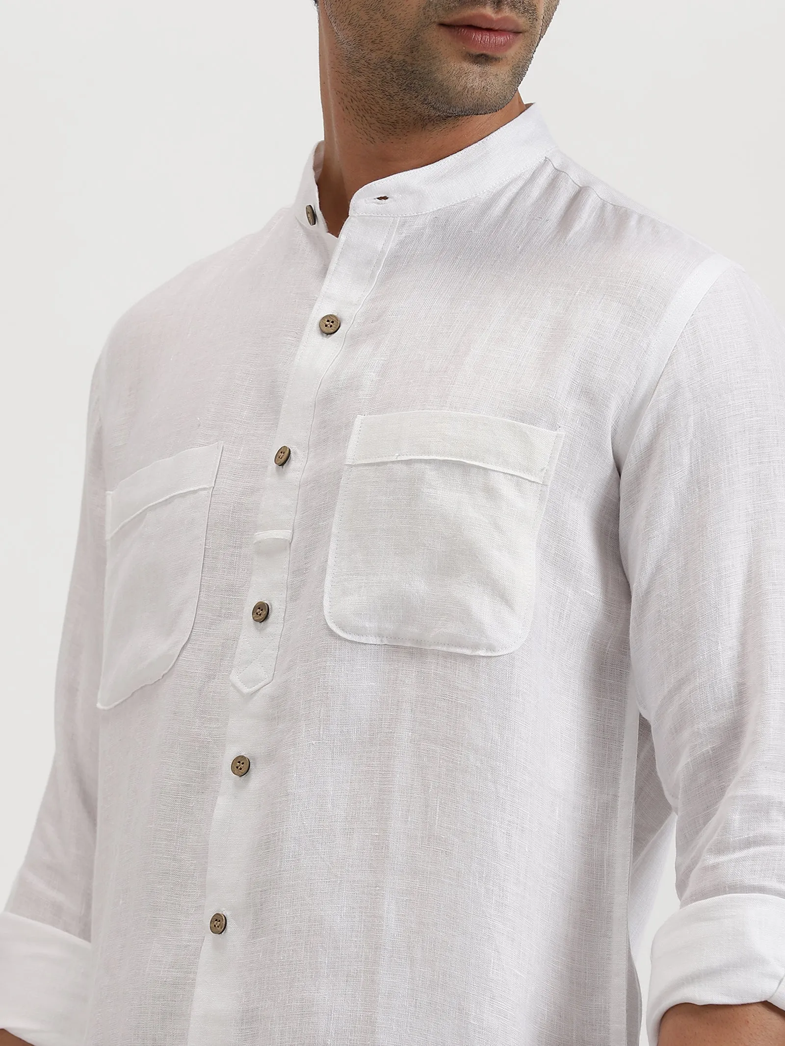 Luca - Pure Linen Double Pocket Full Sleeve Shirt - White