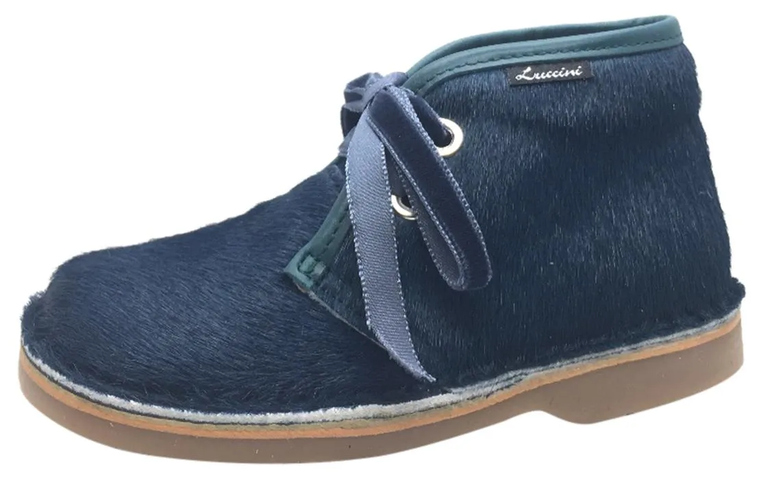 Luccini Girl's & Boy's Blue Pony Hair Lace Up Ankle Chukka Boots with Trim