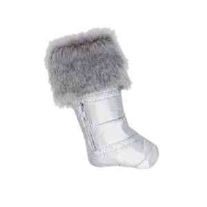 Matte Silver Puffer Christmas Stocking with Faux Fur