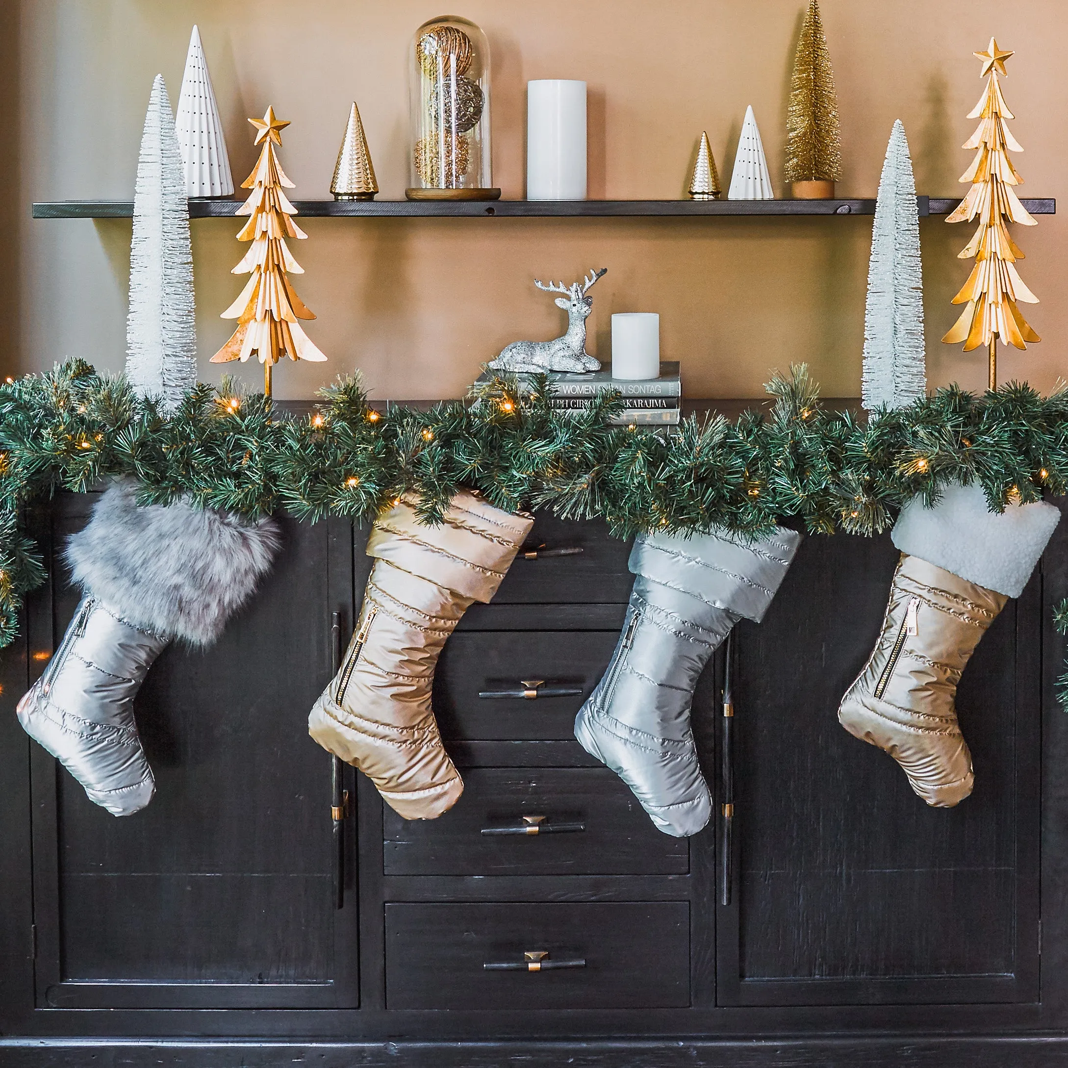 Matte Silver Puffer Christmas Stocking with Faux Fur