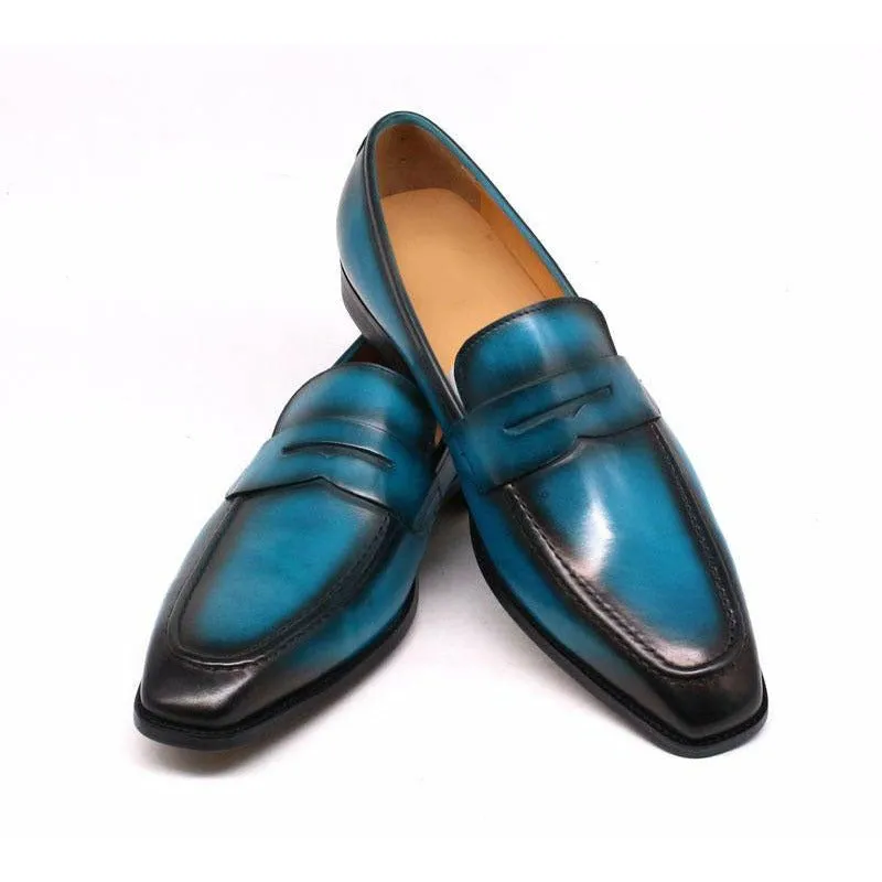 Mediterranean Blue & Black Ombré Tanned Cowhide Penny Loafers