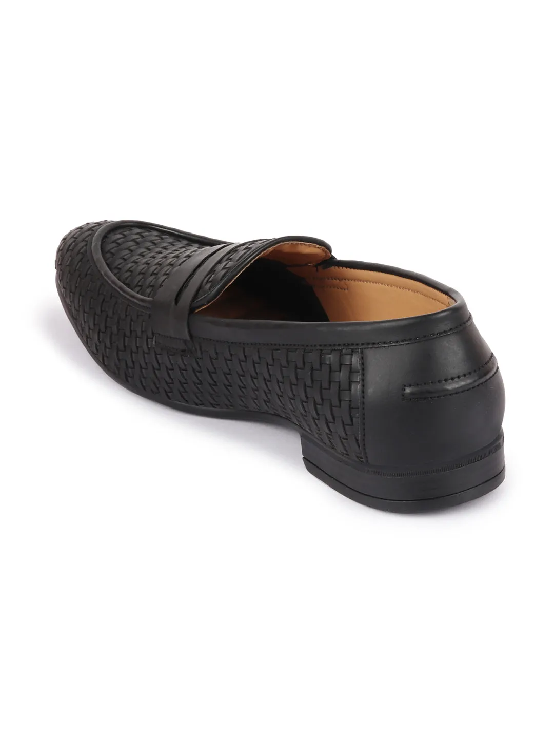 Men Black Hand Knitted Design Penny Loafer Slip On Shoes