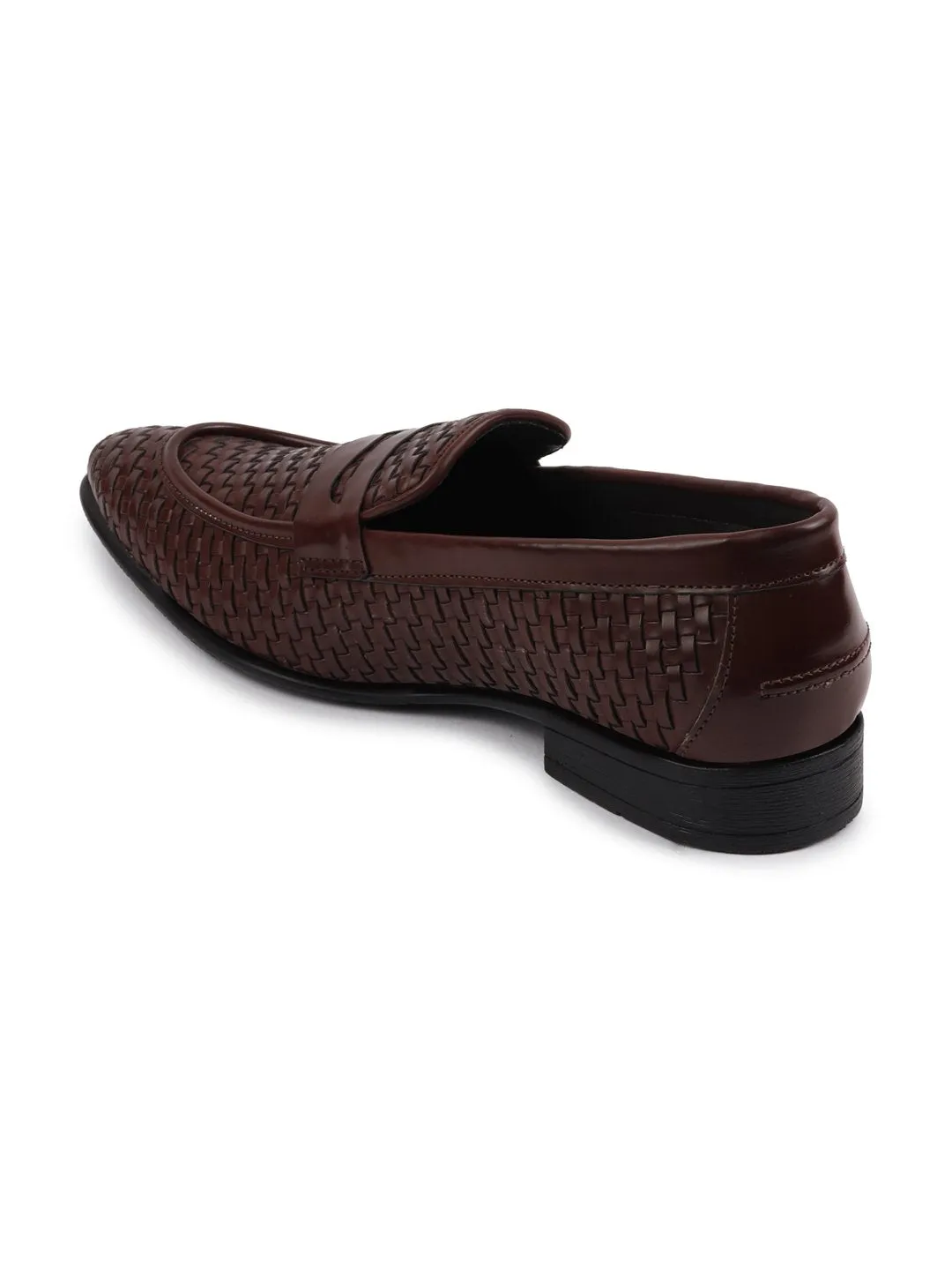 Men Brown Hand Knitted Slip On Penny Loafers