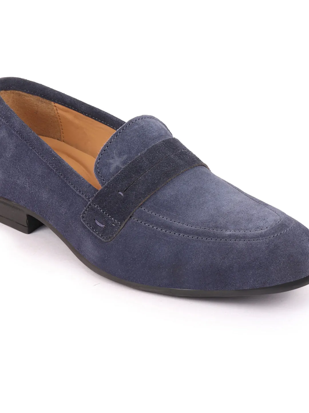 Men Navy Blue Suede Leather Outdoor Penny Loafer Shoes