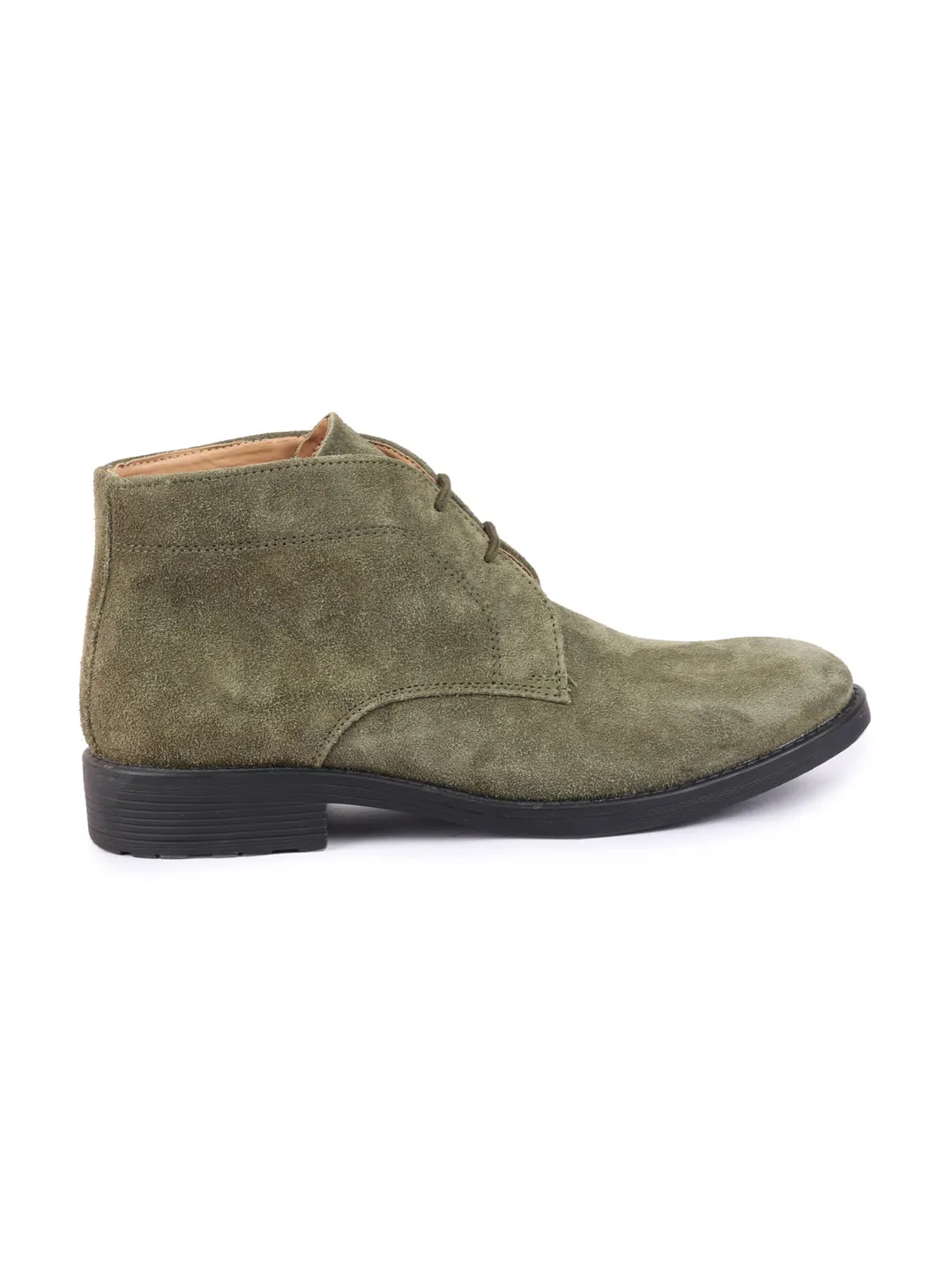 Men Olive Green Suede Leather High Ankle Lace Up Chukka Boots