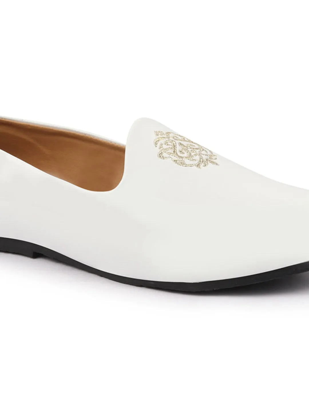 Men White Patent Glossy Ethnic Embroidered Design Slip On Shiny Juttis & Mojaris For Party|Wedding|Festival