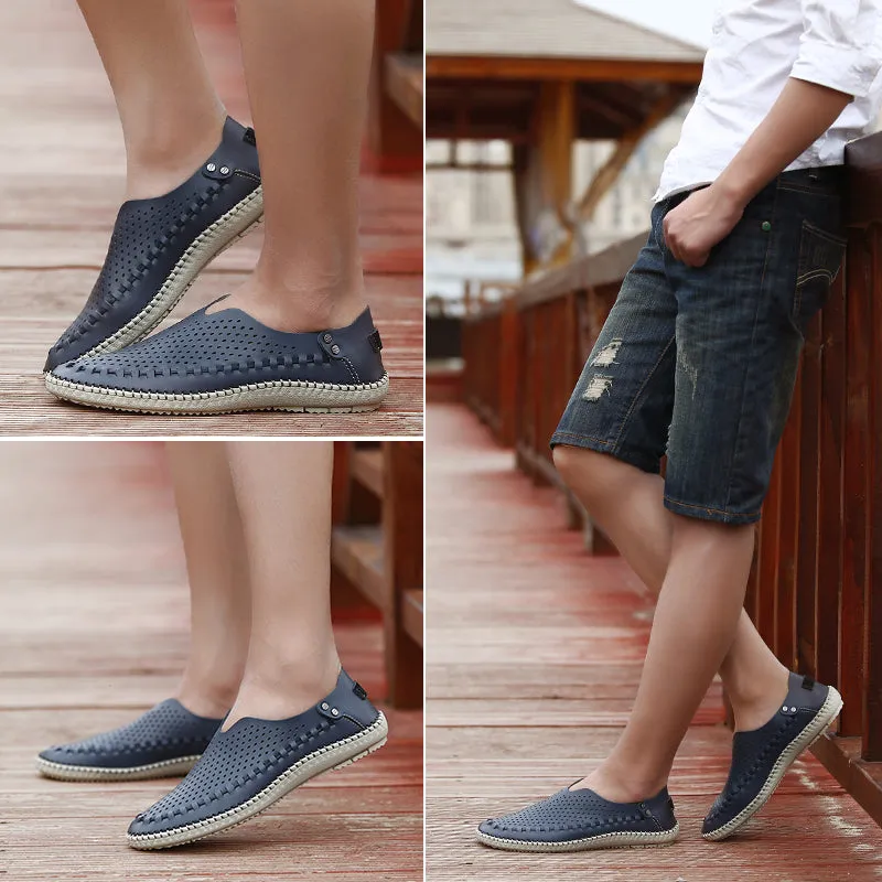 Men's Casual Handmade Leather Loafer Shoes Breathable Hole Slip On Driver Moccasins Hollow