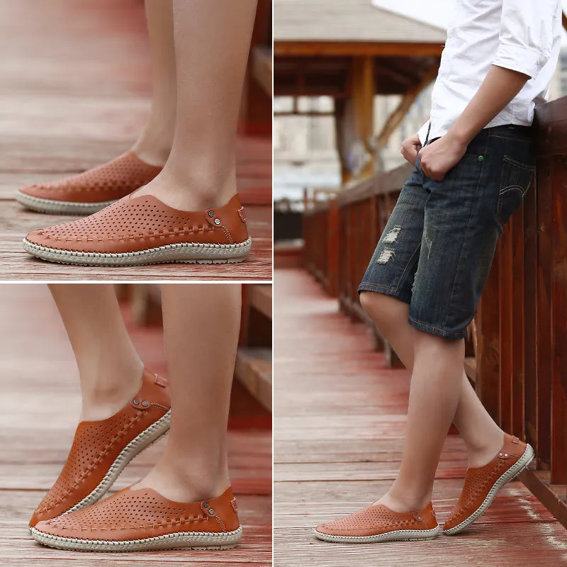 Men's Casual Handmade Leather Loafer Shoes Breathable Hole Slip On Driver Moccasins Hollow