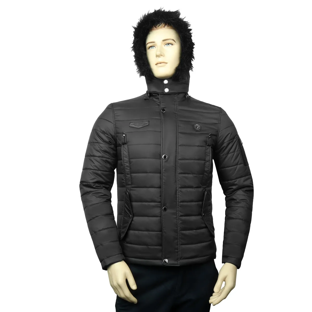 Men's Fur Hoodie Black Puffer Genuine Leather Trim Jacket by Brune & Bareskin