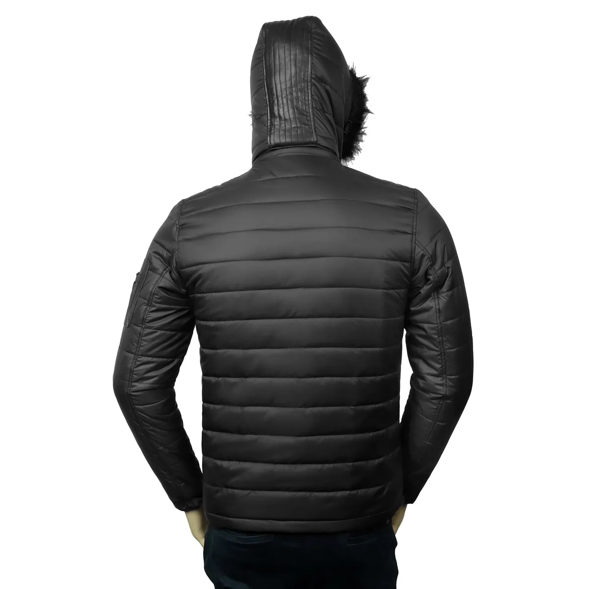 Men's Fur Hoodie Black Puffer Genuine Leather Trim Jacket by Brune & Bareskin