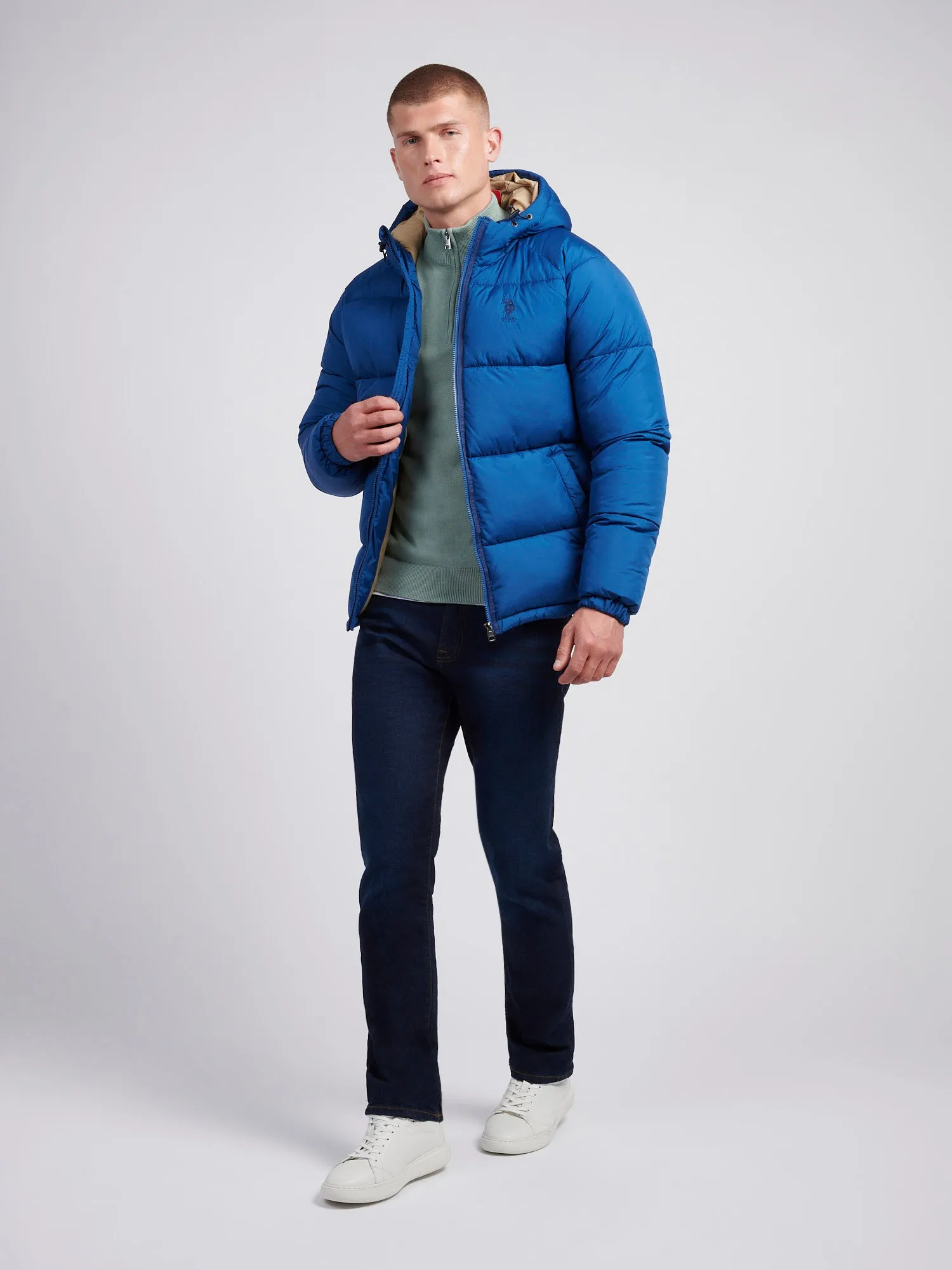 Mens Ripstop Hooded Puffer Jacket in Navy Peony