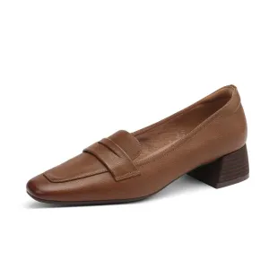 Mia Leather Heeled Penny Loafers Khaki